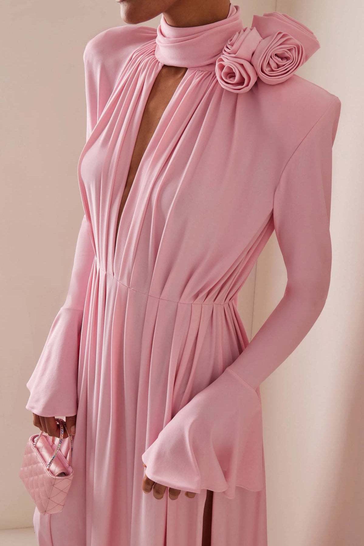 Luxury Vintage Cut-Out Deep V Halter 3D Floral Maxi Dress-ROVOLE