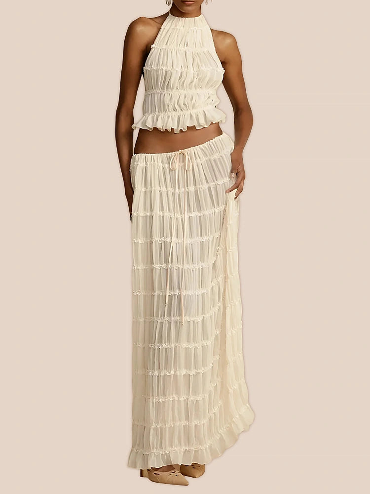 Charm Pleated Drawstring Waist Tiered Maxi Skirt-ROVOLE