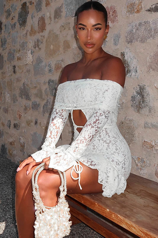 Elegant Ruffled Jacquard Off-Shoulder Mini Dress-ROVOLE