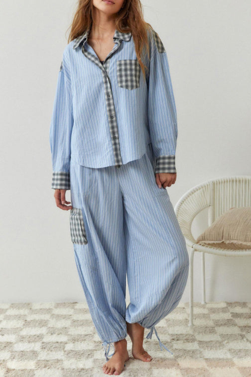 Sky Blue Loose Splice Pajama Set-ROVOLE