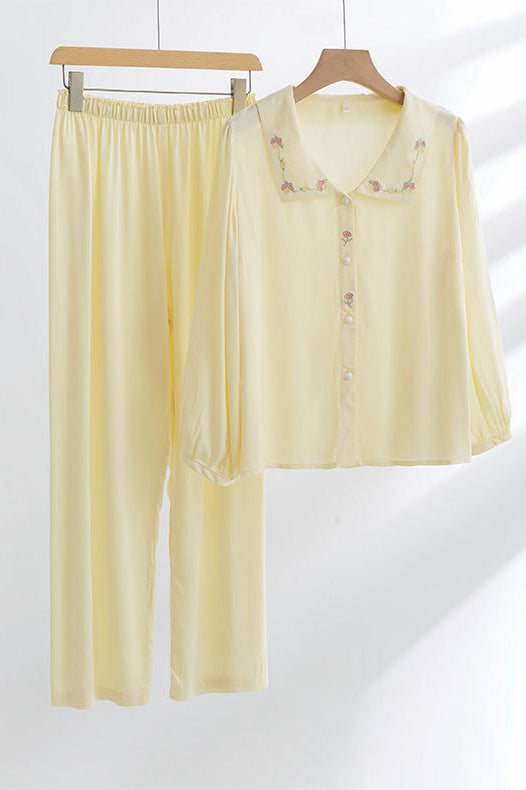 Satin Rose Embroidery Sleepwear Set-ROVOLE