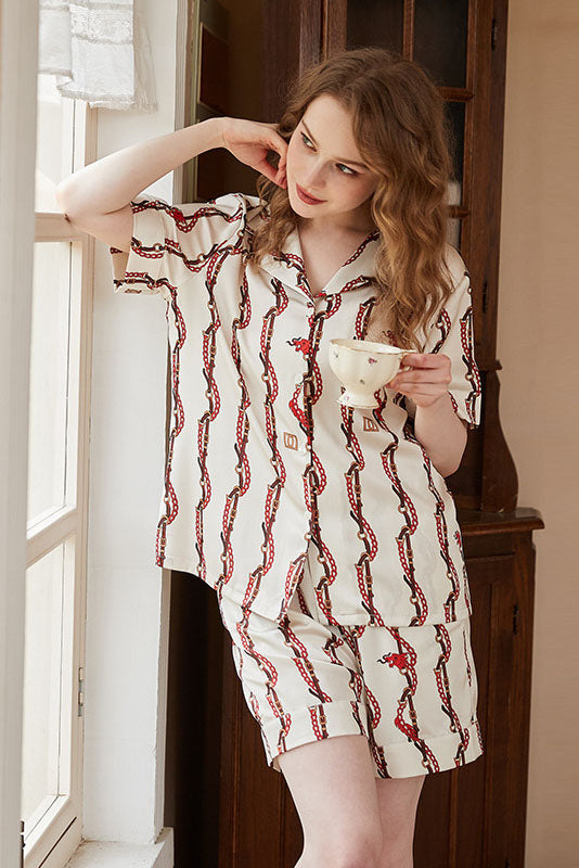 Dragon Head Chain Print Short-Sleeve Loungewear Set-ROVOLE