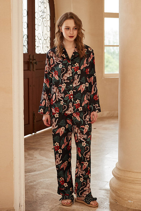 Jaguar and Floral Print Long-Sleeve Loungewear Set-ROVOLE