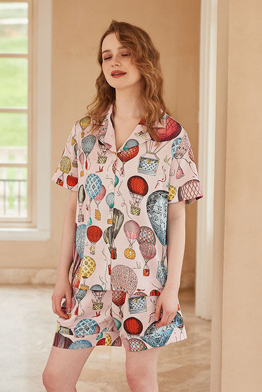 Hot Air Balloon Print Open-Front Short-Sleeve Pajama Set-ROVOLE