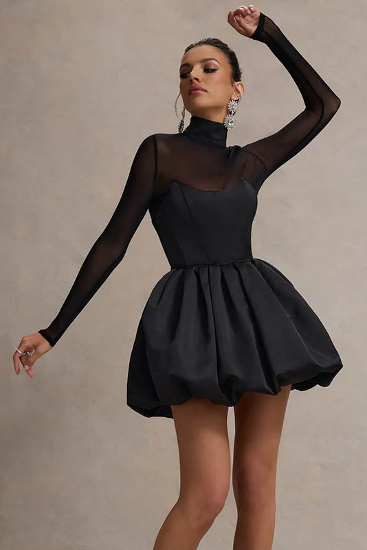 Winter Elegant Mesh Sheer Slim Fit Puff Mini Dress-ROVOLE