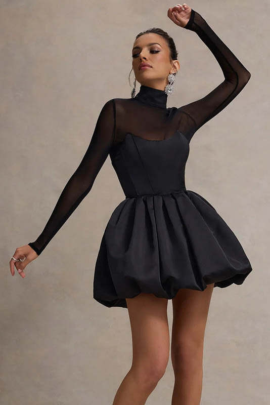 Winter Elegant Mesh Sheer Slim Fit Puff Mini Dress-ROVOLE