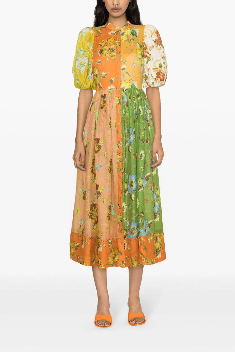 Floral Interlude Puff Sleeve Midi Dress-ROVOLE