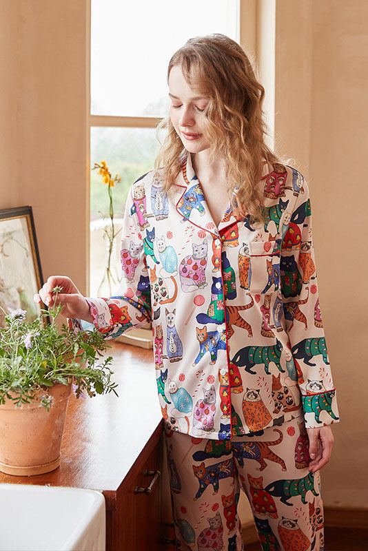 Cute Cat Print Ice Silk Long-Sleeve Pajama Set-ROVOLE