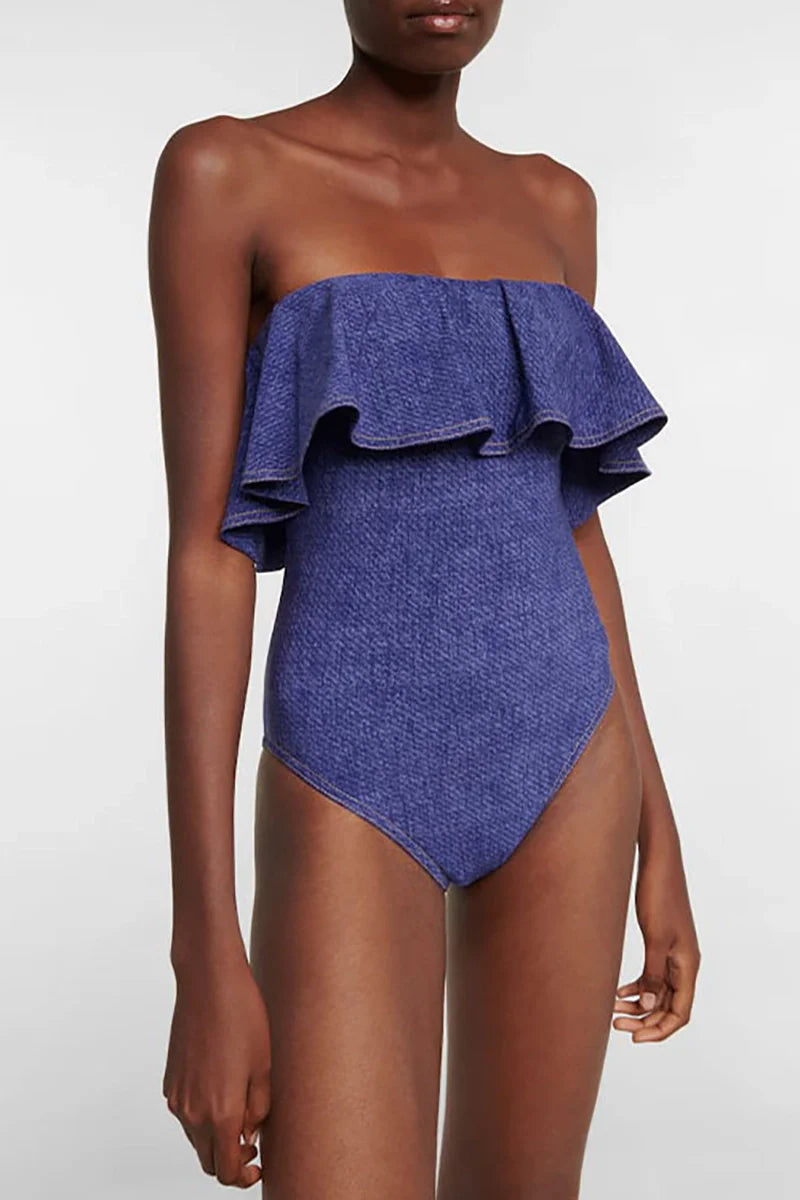 Denim Bandeau One Piece Swimsuit Set-ROVOLE