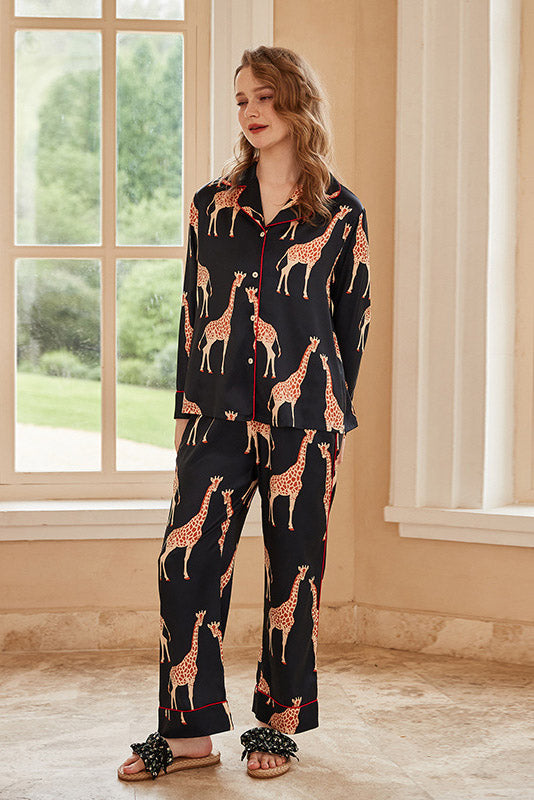 Giraffe Long-Sleeve Ice Silk Loungewear Set - Black-ROVOLE