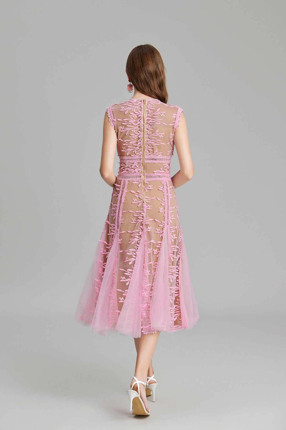 Maëlle Round Neck Mesh Embroidered Midi Dress In Beige-ROVOLE