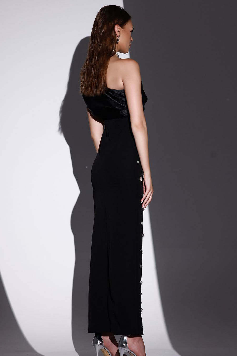 Rhinestone Sloping Shoulders Midi Dress-ROVOLE
