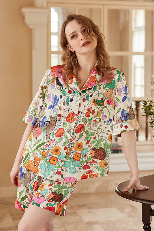 White Forest Garden Print Ice Silk Short Loungewear Set-ROVOLE