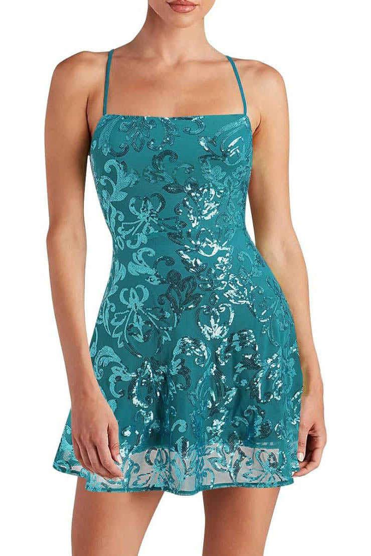 Sleeveless Sequin Strap Mini Dress-ROVOLE