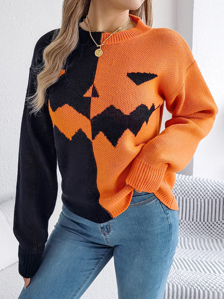 Ghost Pattern Long Sleeve Crew Neck Sweater-ROVOLE