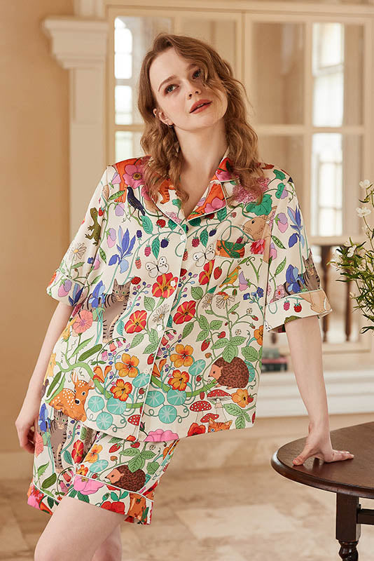 White Forest Garden Print Short Loungewear Set-ROVOLE