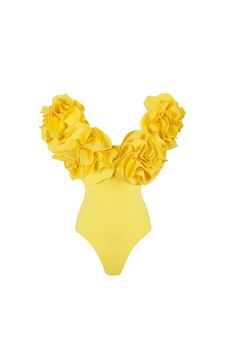 3D Floral Strapless Solid One-Piece Swimsuit-ROVOLE