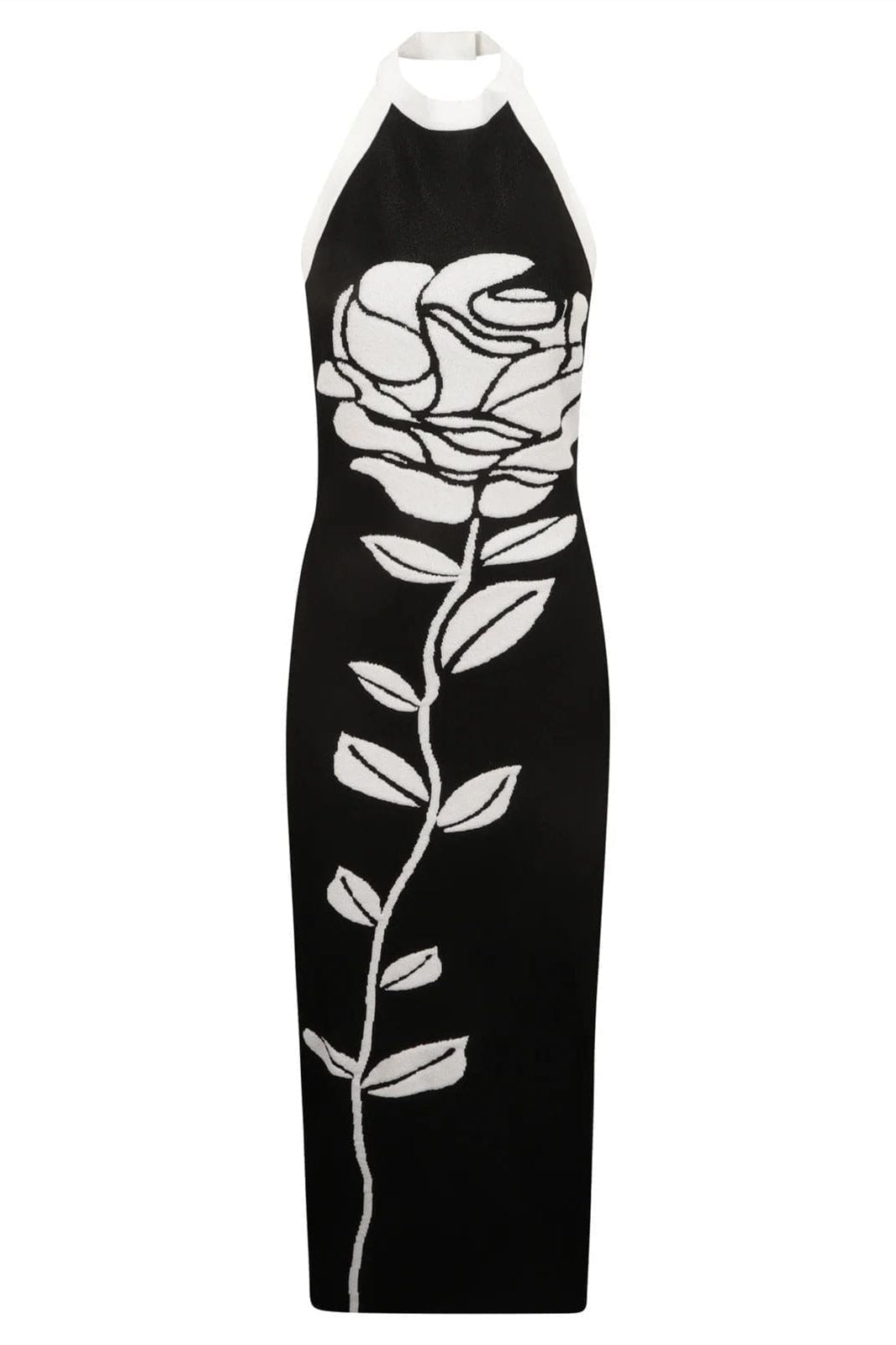 Darlene Halter Floral Open Back Midi Knit Dress-ROVOLE