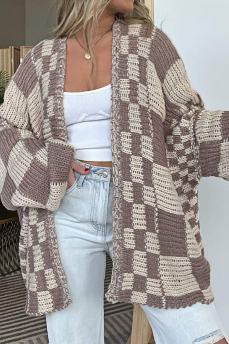 Plaid Open Front Long Sleeve Cardigan-ROVOLE