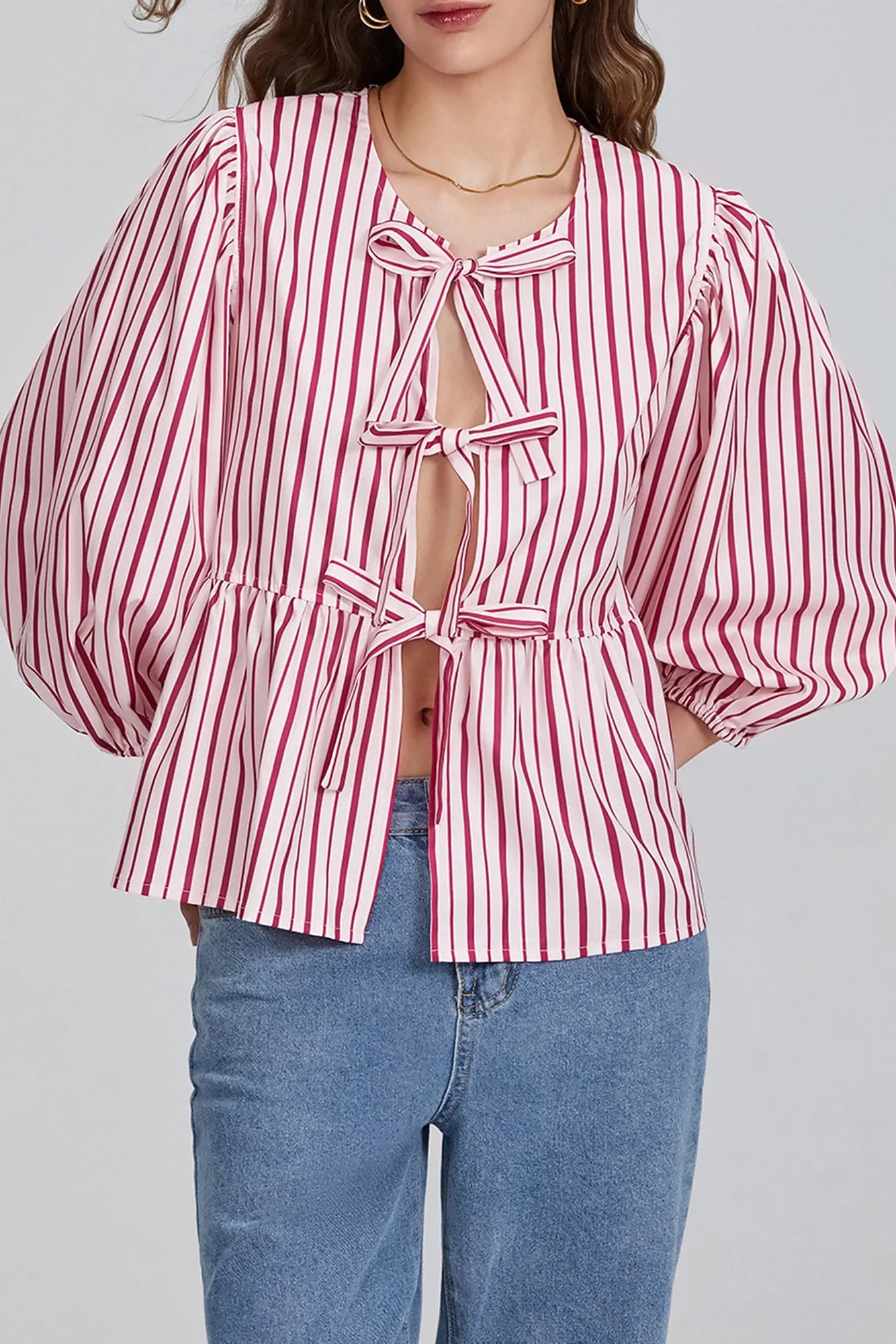 Puff Sleeve Peplum Bow Ties Blouse Top-ROVOLE