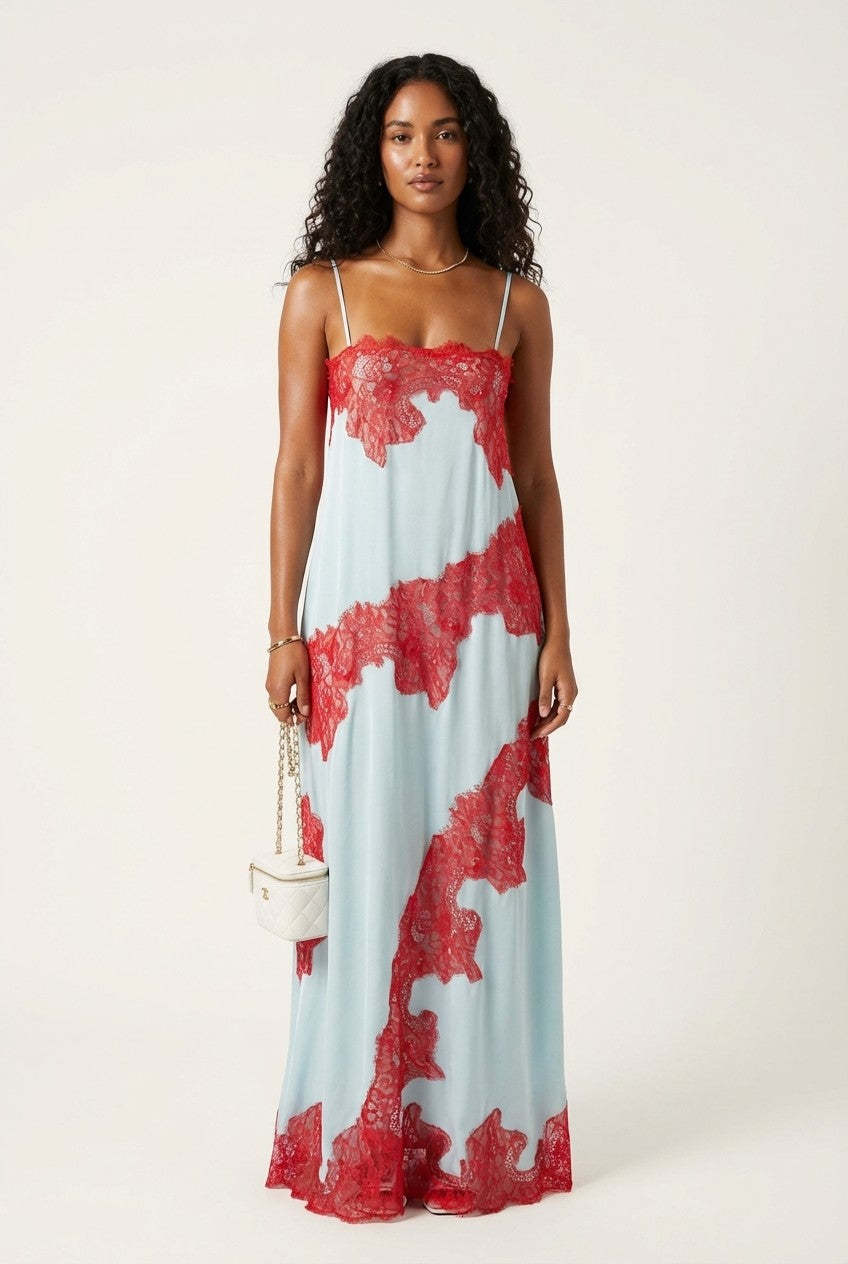 Women's Floral Lace Trimmed Satin Slip Maxi Dress Light Blue – ROVOLE