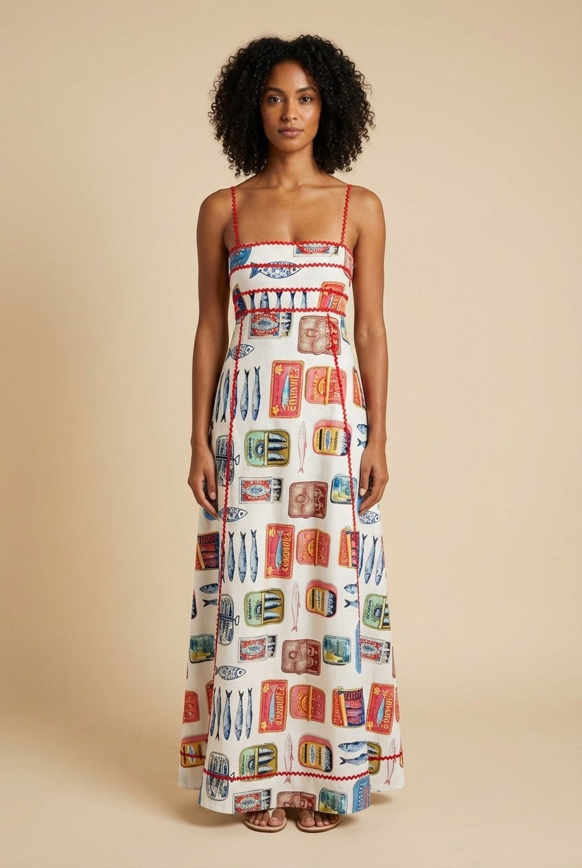 Coastal Catch Sardine Print Cotton Maxi Dress