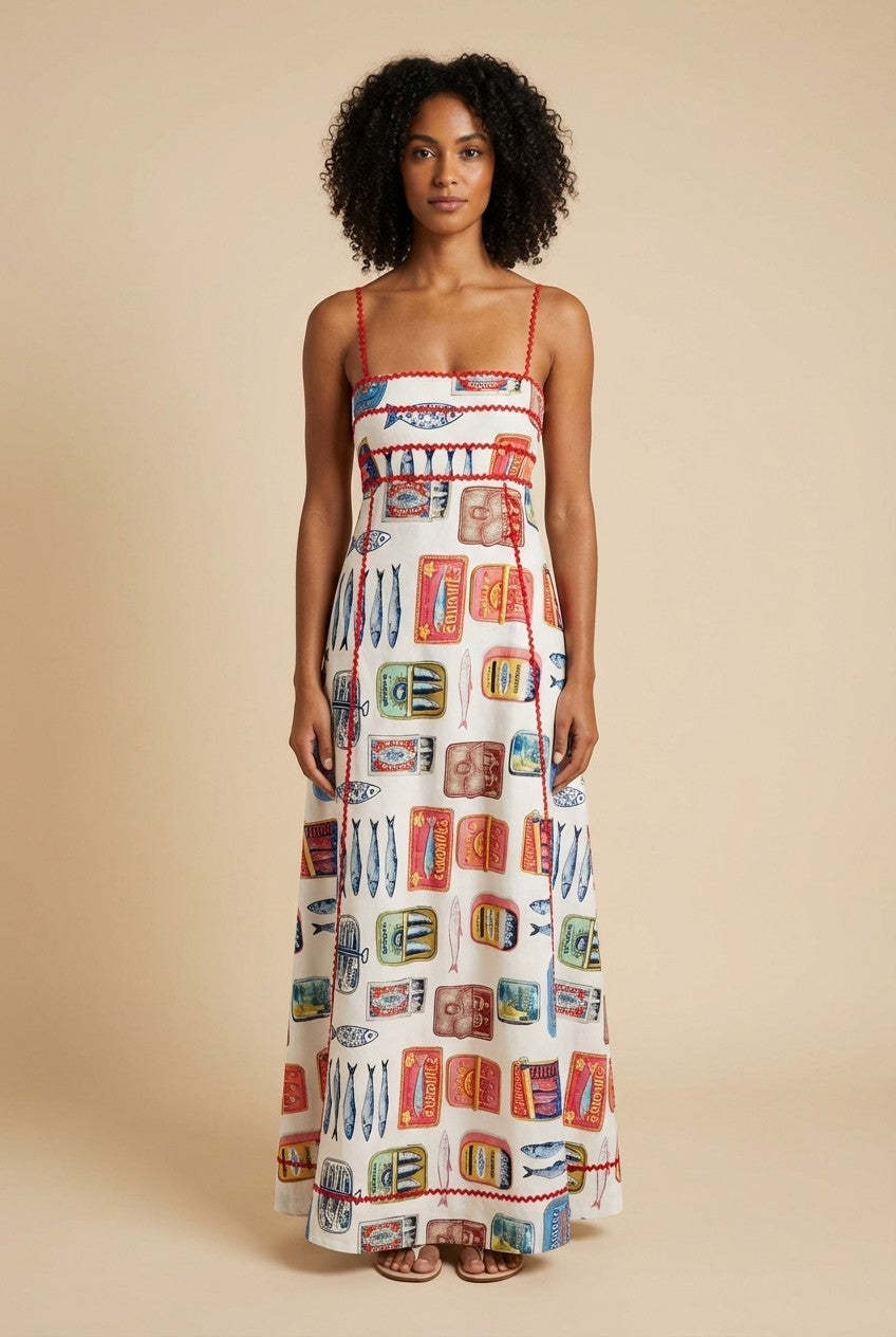 Coastal Catch Sardine Print Cotton Maxi Dress