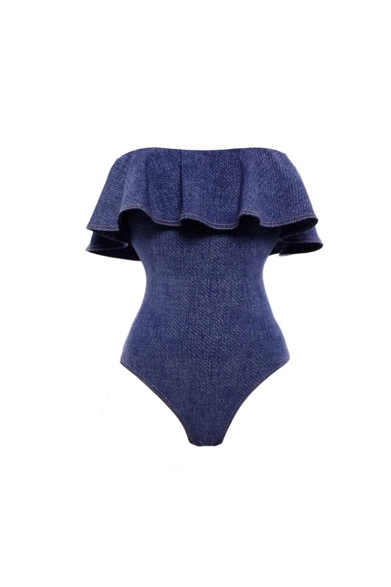 Denim Bandeau One Piece Swimsuit Set-ROVOLE