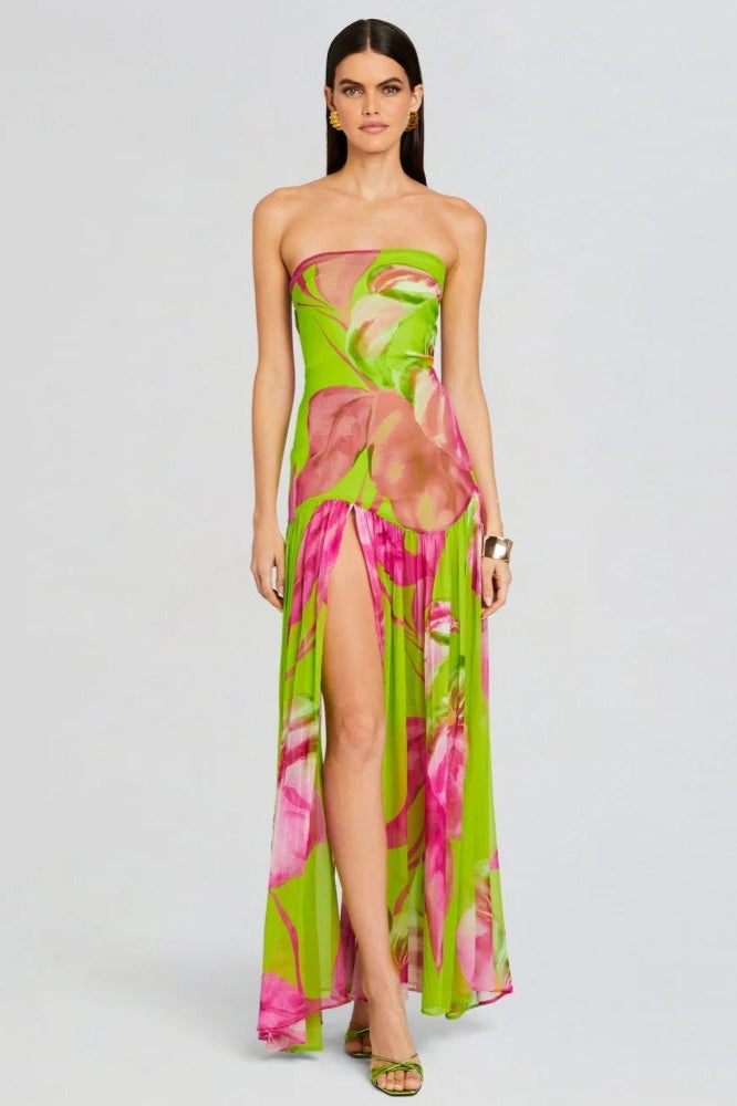 Pam Printed Strapless Slit Maxi Dress-ROVOLE
