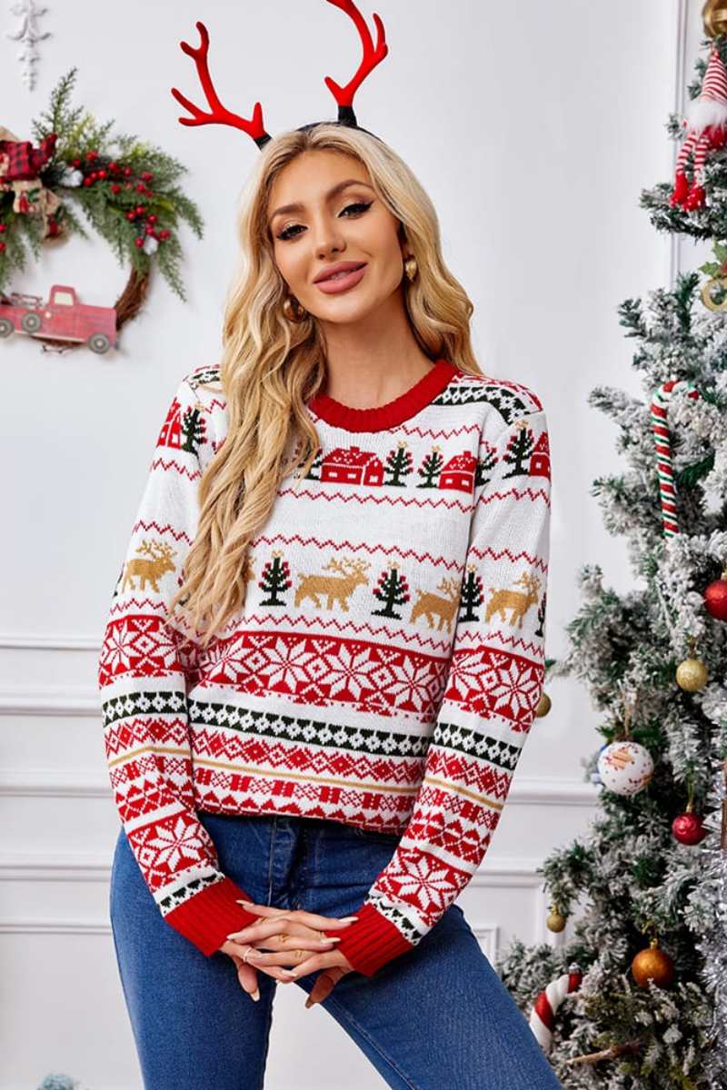 Christmas Crewneck Embroidered Knit Sweater-ROVOLE