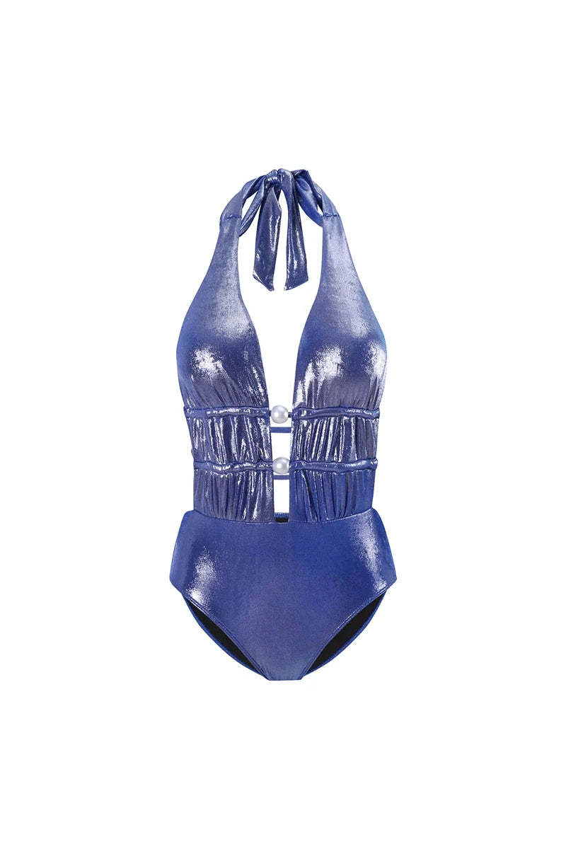 Glossy Mist Deep V Halter Pearl Swimsuit-ROVOLE