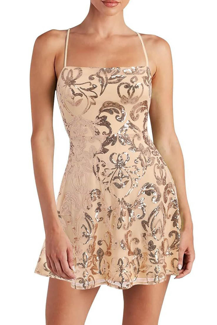 Sleeveless Sequin Strap Mini Dress-ROVOLE