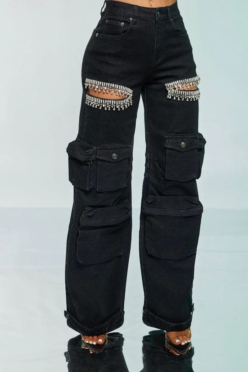 Cut Out Rhinestone Cargo Jeans-ROVOLE