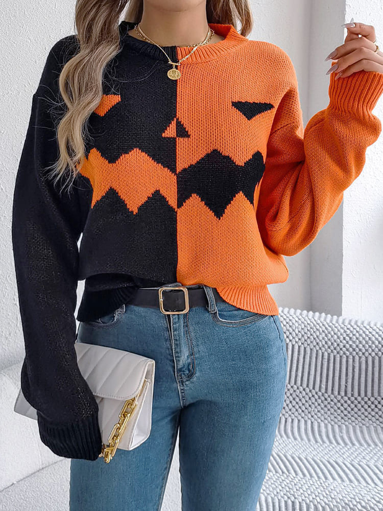 Ghost Pattern Long Sleeve Crew Neck Sweater-ROVOLE