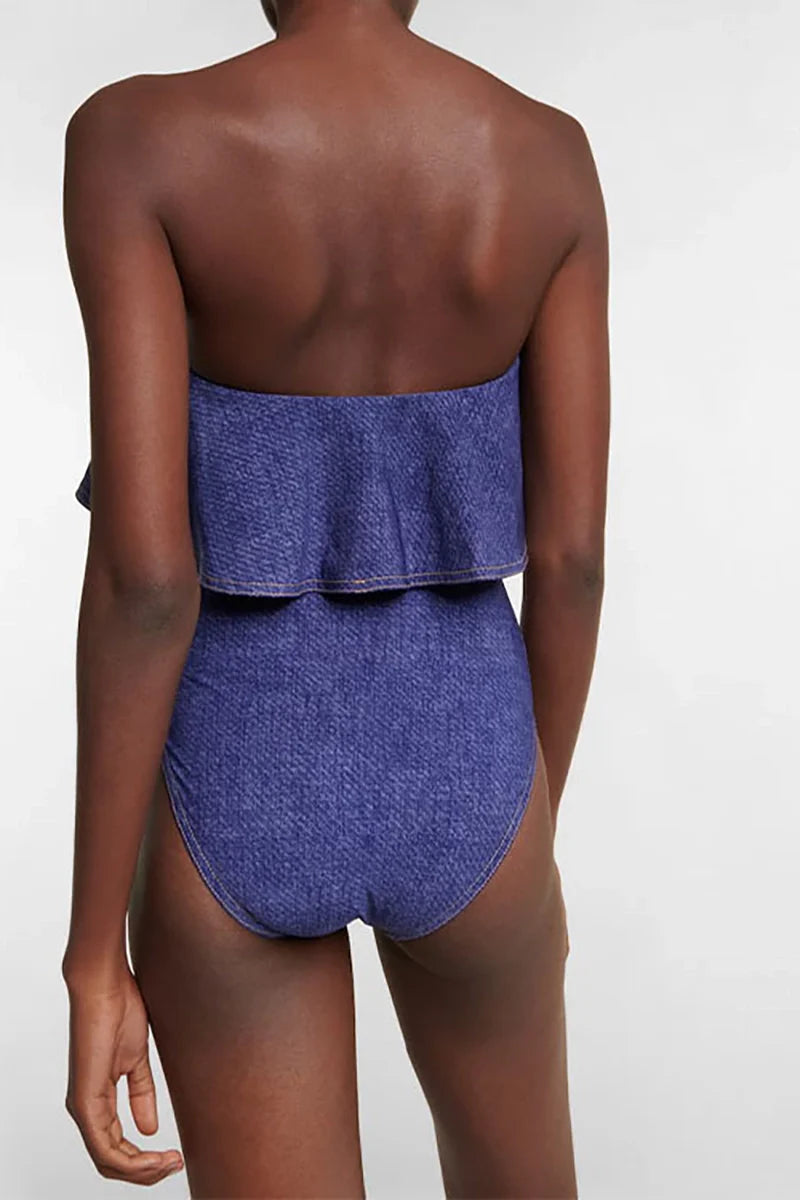 Denim Bandeau One Piece Swimsuit Set-ROVOLE