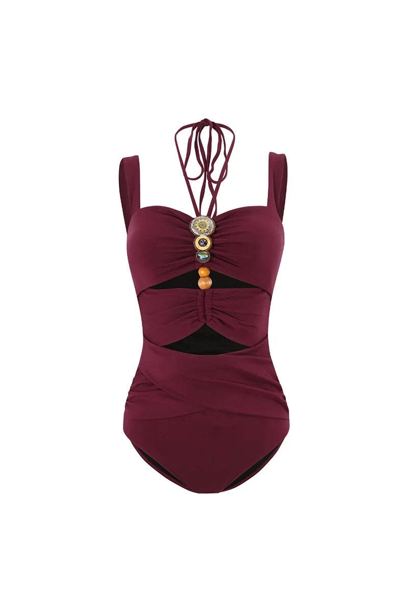 Burgundy Boho Beaded Cutout Swimsuit Set-ROVOLE