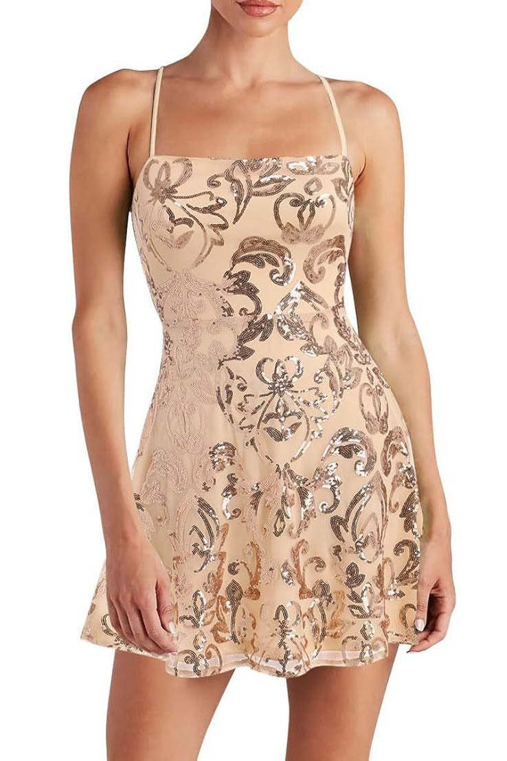 Sleeveless Sequin Strap Mini Dress-ROVOLE