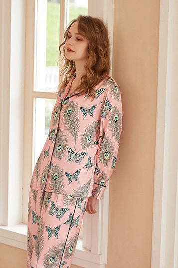 Phoenix Feather and Butterfly Print Long-Sleeve Pajama Set-ROVOLE