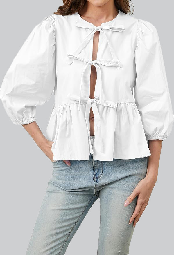 Puff Sleeve Peplum Bow Ties Blouse Top-ROVOLE