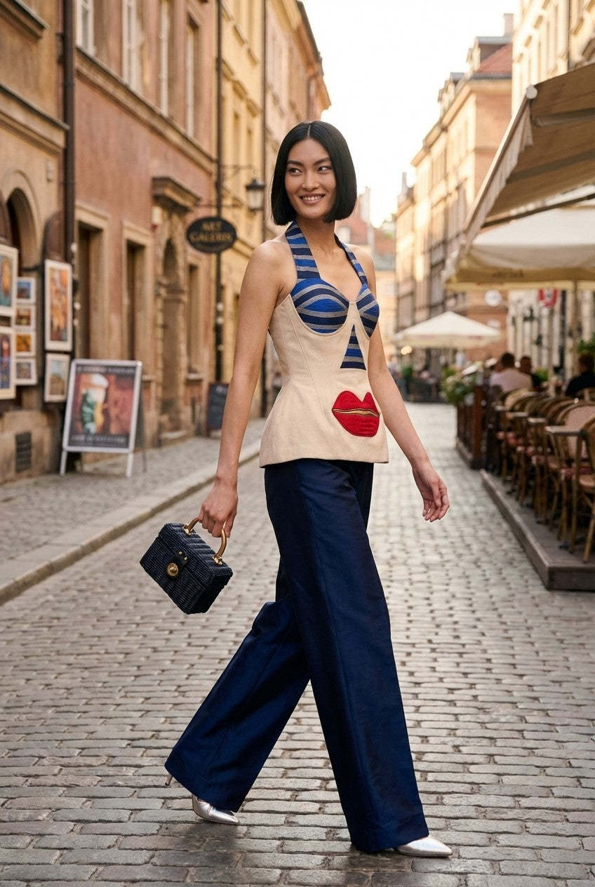 Women's Surrealist Embroidered Halter Blouse and Wide Leg Pants Set