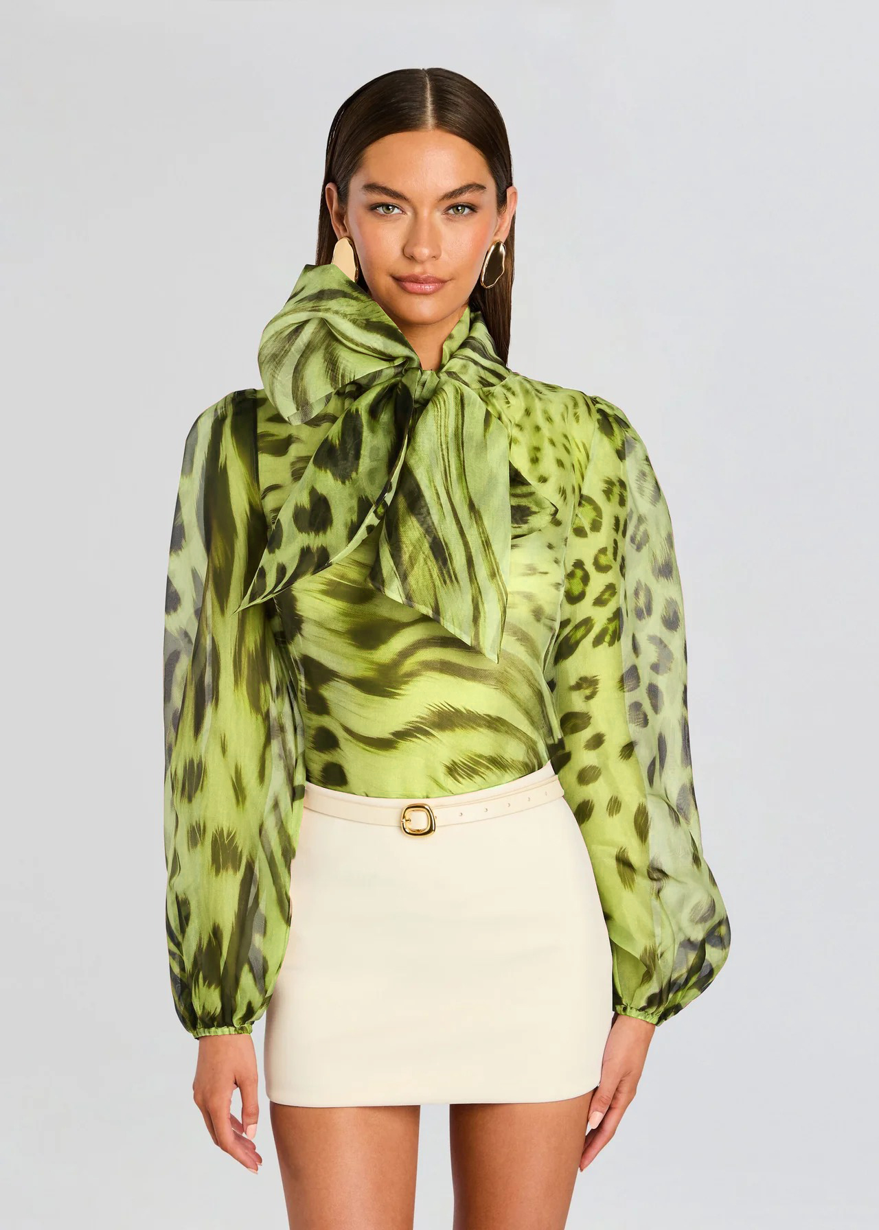 Animal Print Bow-Neck Sheer Blouse