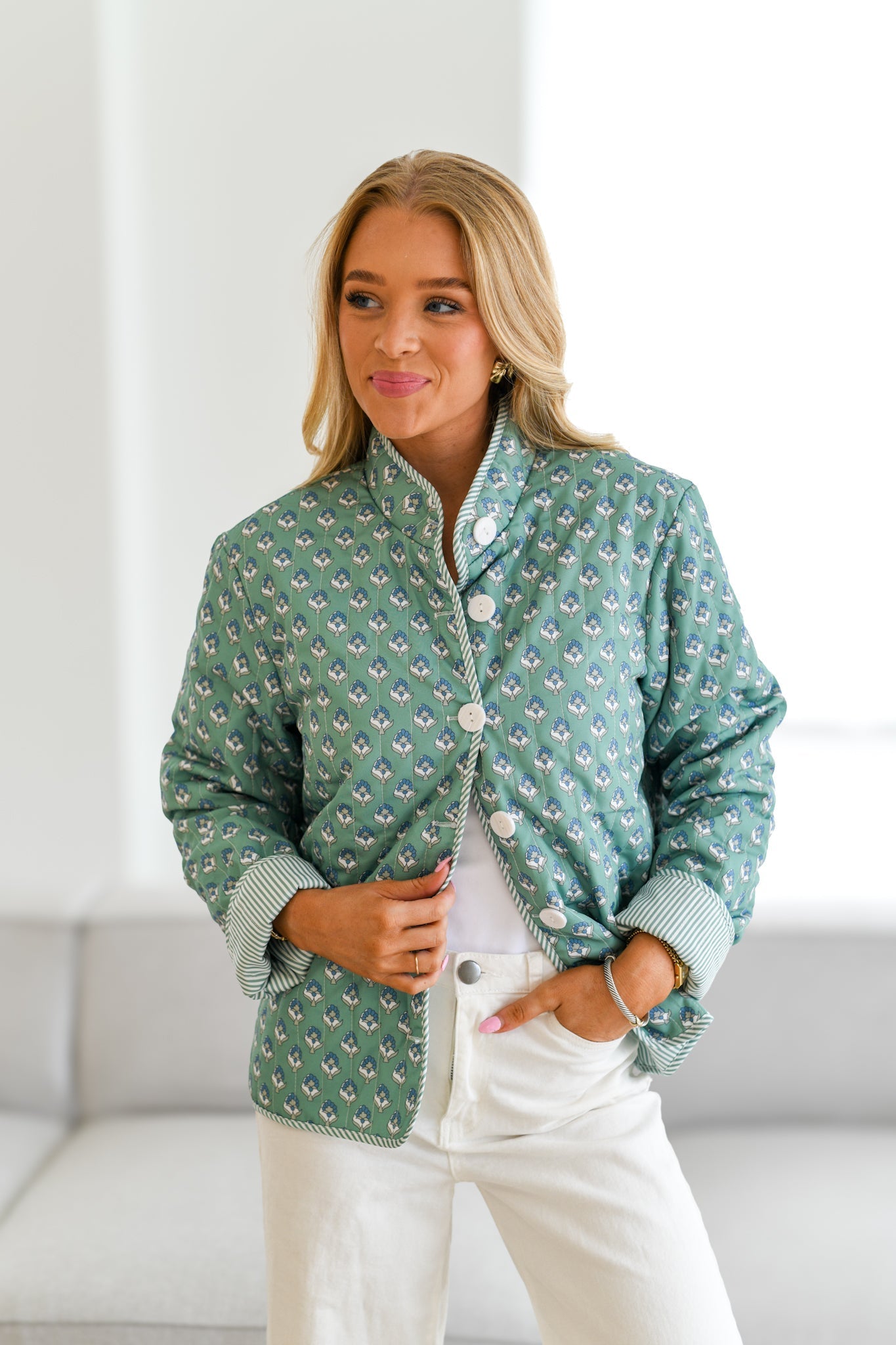 Tiffany Printed Quilted Jacket-Teal Green-ROVOLE