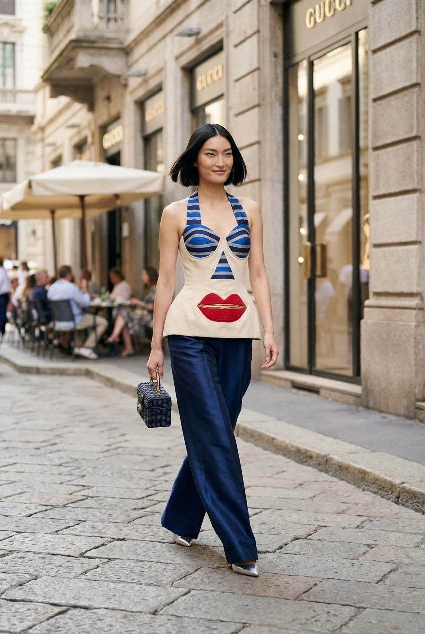 Women's Surrealist Embroidered Halter Blouse and Wide Leg Pants Set