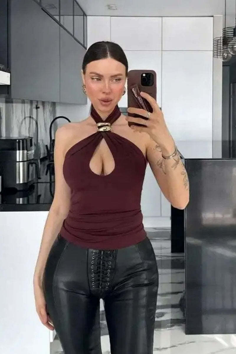 Crepe Halterneck Trim Detail Top-ROVOLE