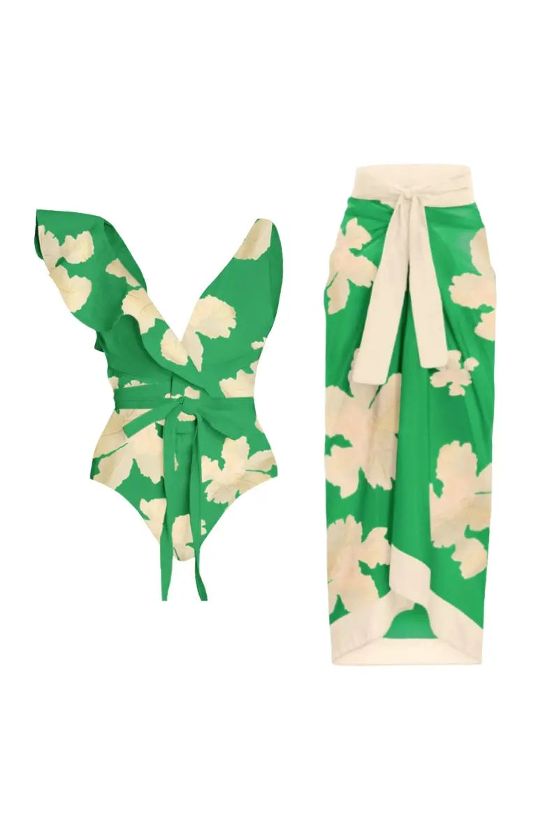 Belted Printed Swimsuits with Wrap Skirt Set-ROVOLE