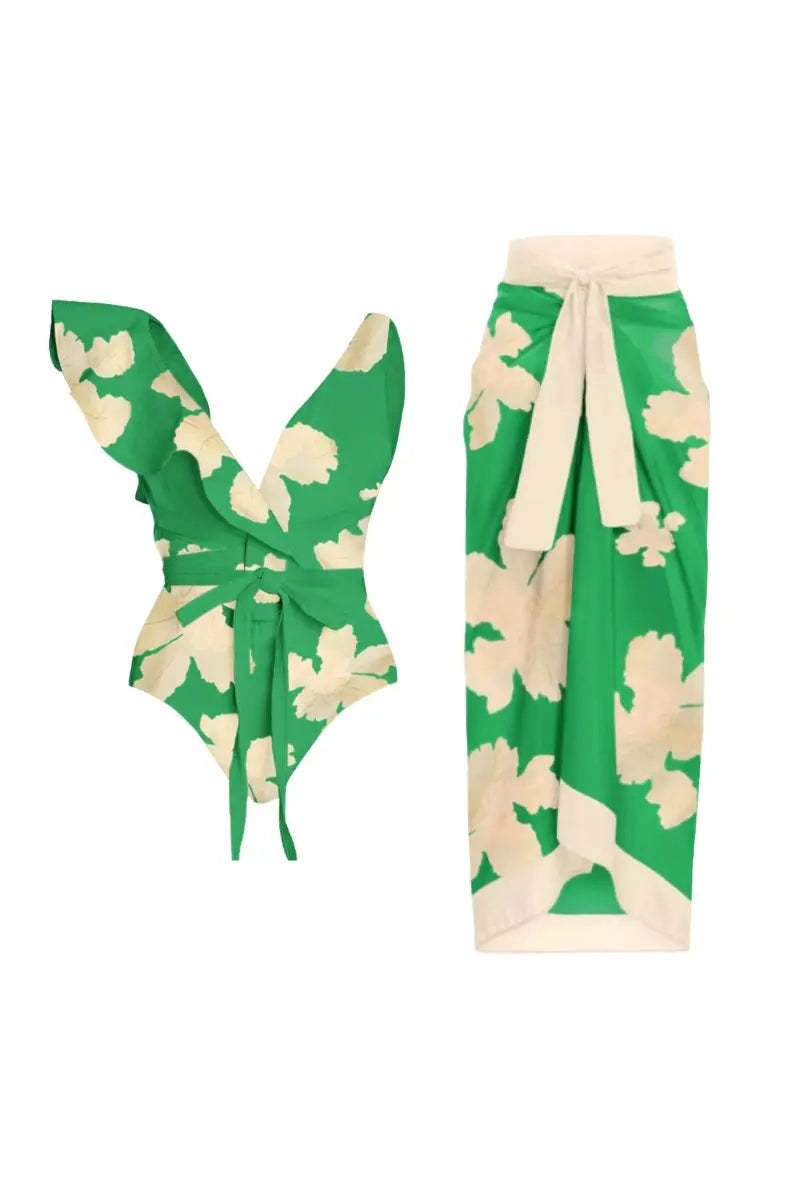 Belted Printed Swimsuits with Wrap Skirt Set-ROVOLE