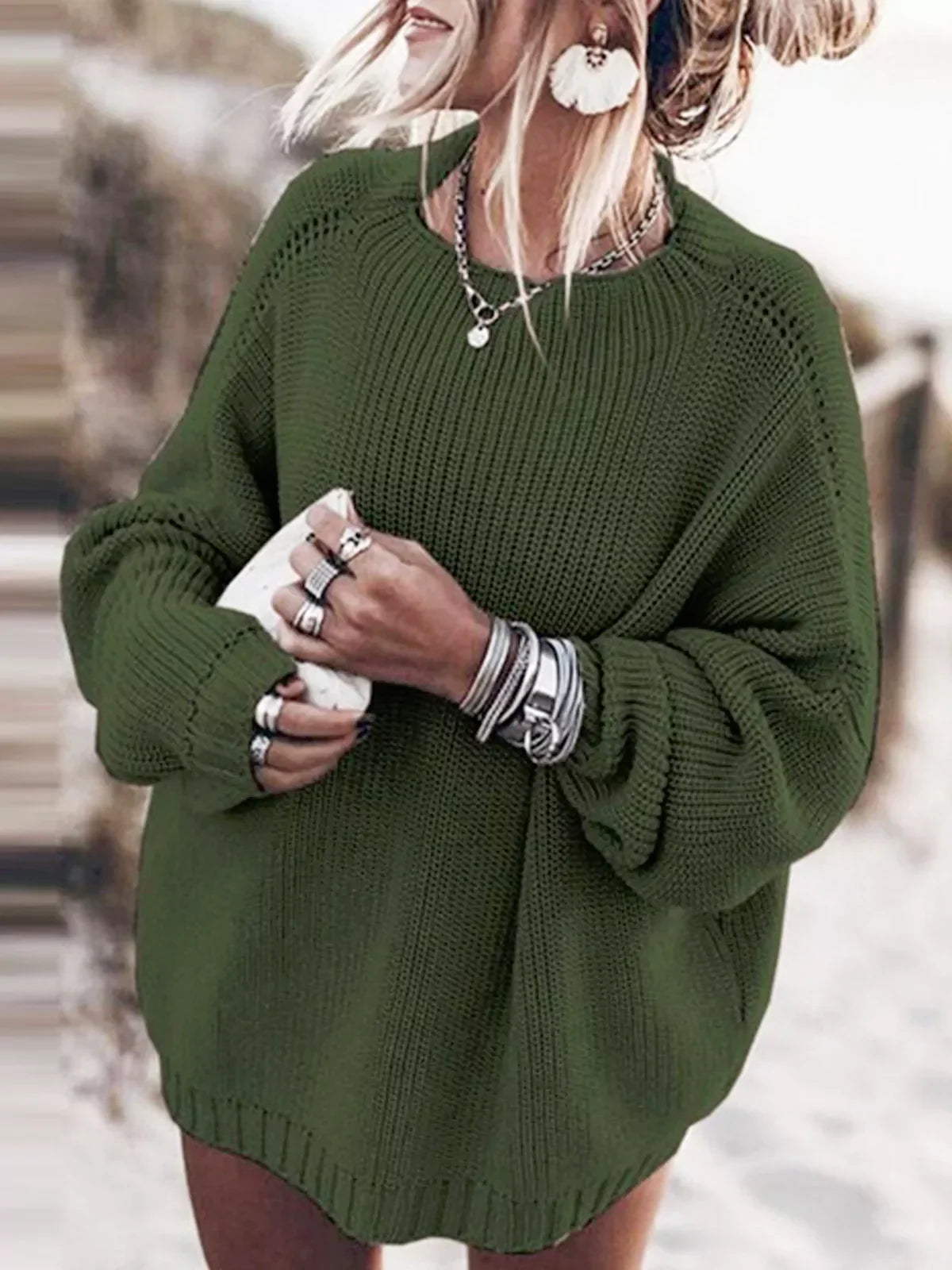 Oversized Knit Batwing Sweater & Ruffled Mini Skirt Set-ROVOLE