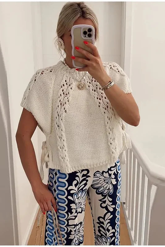 Knitted Lace-Up Hollow Women's Sweater-ROVOLE