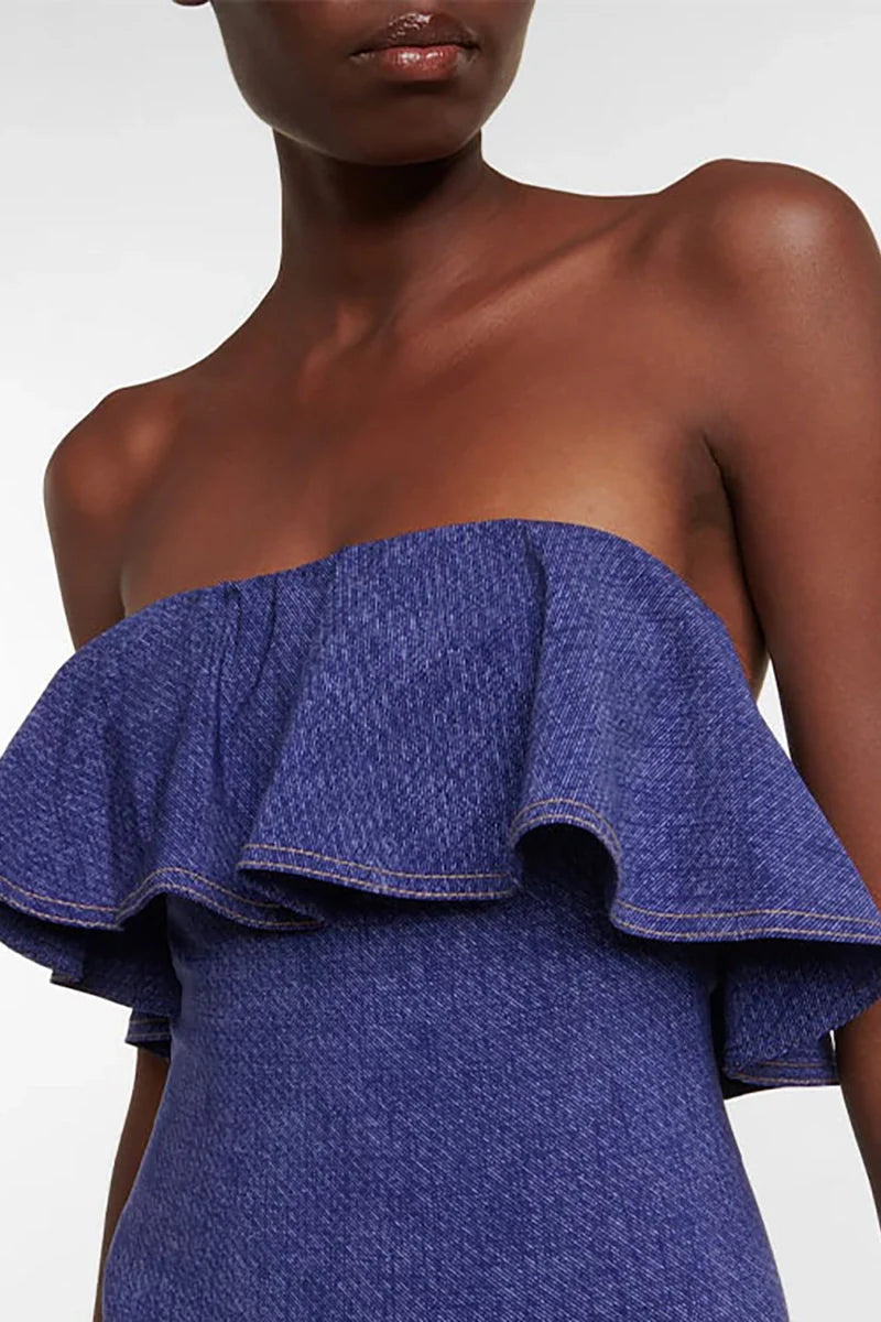 Denim Bandeau One Piece Swimsuit Set-ROVOLE