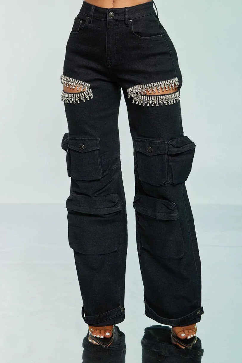 Cut Out Rhinestone Cargo Jeans-ROVOLE